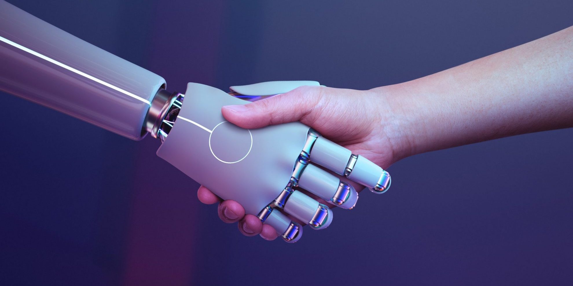 Photo of human shaking robot hand illustrates blog "How Can Artificial Intelligence Help Recruiters and Hiring Managers?"