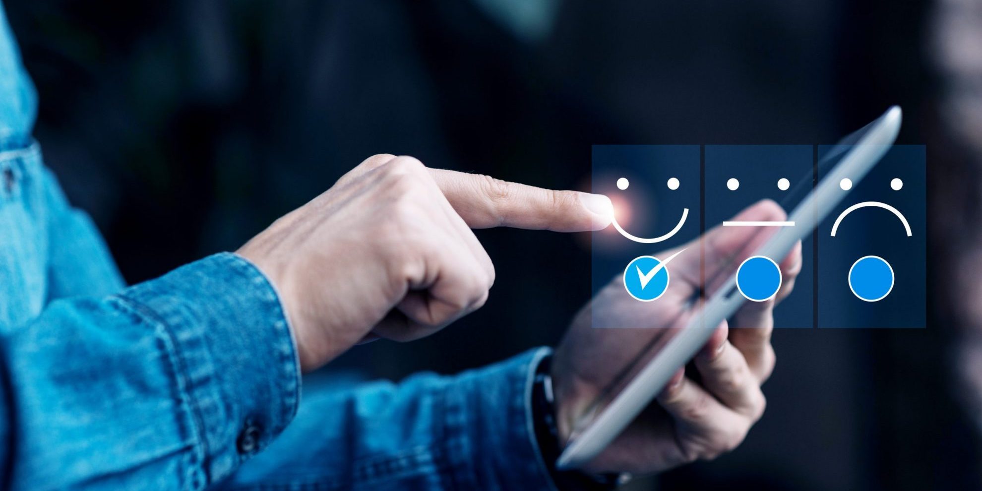 Closeup of man holding tablet with overlay of smiley face, neutral face, and sad face illustrates blog "What Is Brand Reputation and Why It Matters"