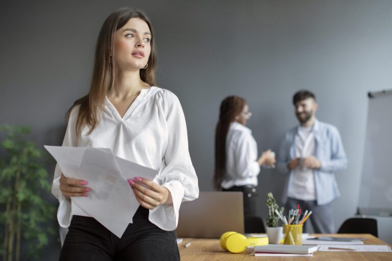 Woman in office with man and woman in the background illustrates blog "What Is Performance Management?"